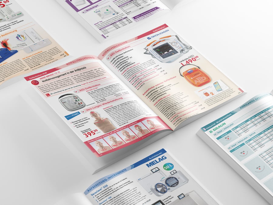 Fachkatalog DIE ARZTPRAXIS für den medizinischen Fachhandel: Katalog-Seitenansicht mit Praxisbedarf, QR-Codes und angeschlossenem B2B-Shop für Hybrid Selling